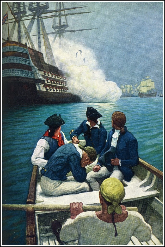 Szalupa z marynarzami wypędzonymi z "Bounty", "What was happening" ilustracja do Trylogii Bounty, Charles Nordhoff & James Norman Hall, rysunek: N.C. Wyeth, 1940.